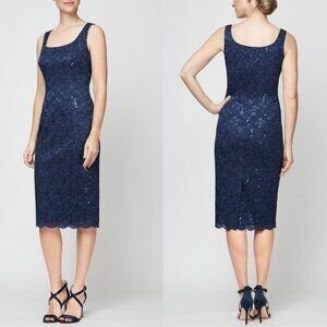 NEW Alex Evenings Sequined Lace Scalloped Hem Sheath Midi Dress in Navy 16W